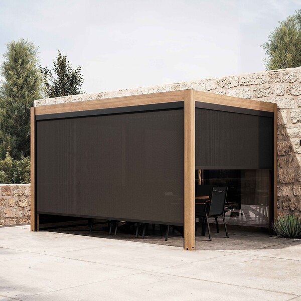 OVIALA - Pergola bioclimatique autoportée 3x4m et 3 stores bois gris - Athenes - large