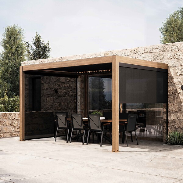 OVIALA - Pergola bioclimatique adossée et motorisée éclairée 3x4m et 2 stores - Thebes - large