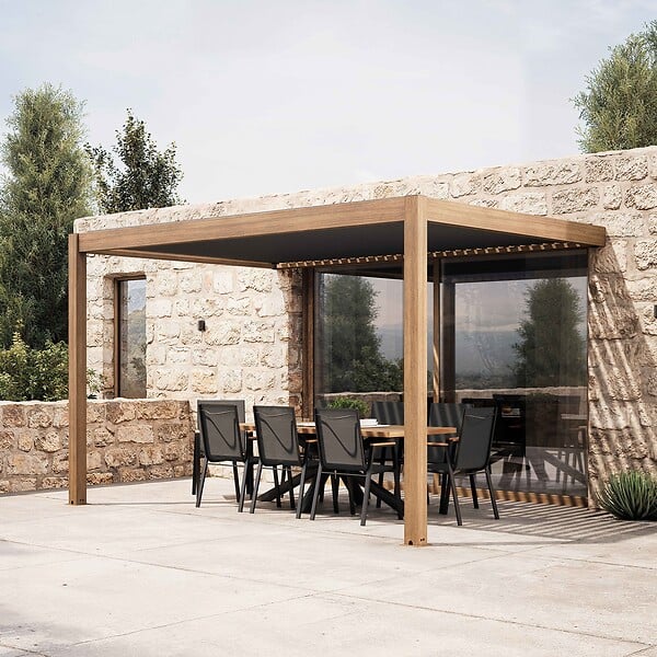 OVIALA - Pergola bioclimatique adossée et motorisée éclairée 3x4m et 1 store - Thebes - large