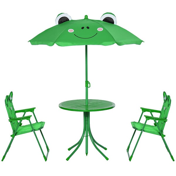 OUTSUNNY - Ensemble salon de jardin enfant 4 pcs design grenouille - table ronde + 2 chaises pliables + parasol - métal époxy oxford vert - large