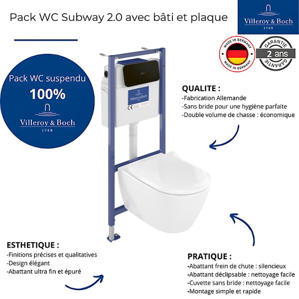 VILLEROY ET BOCH - Pack WC sans bride  Subway 2.0 avec abattant frein de chute + bâti Viconnect PRO + plaque noir mat - large