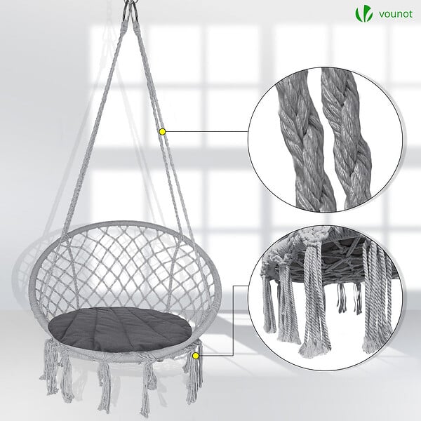VOUNOT - Fauteuil suspendu avec coussin rond gris - large