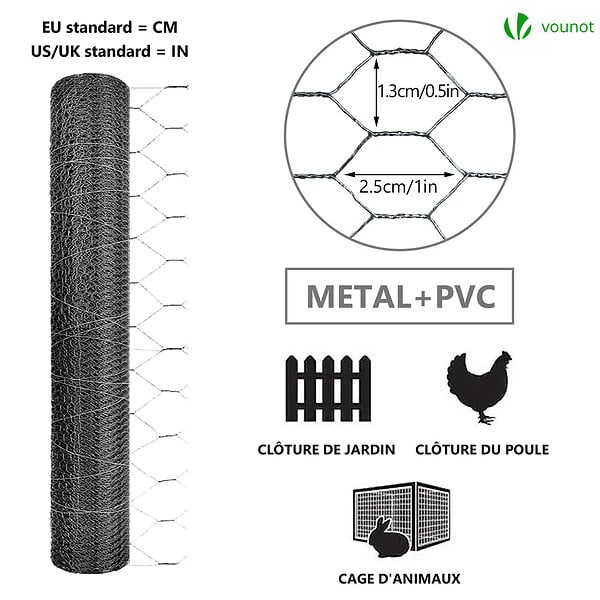 VOUNOT - Grillage a poule avec fils 13mm en PVC gaine gris 1x50M - large