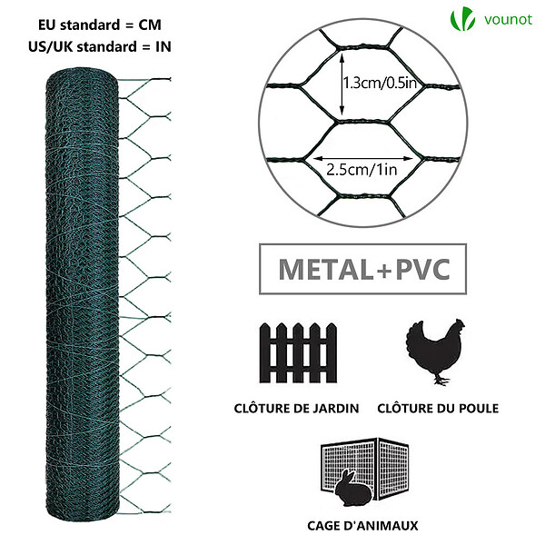 VOUNOT - Grillage a poule avec fils 13mm en PVC gaine vert 1x50M - large