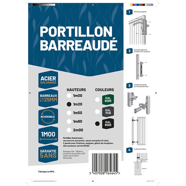 EASY CLOTURE - Portillon barreaudé acier galvanisé passage 1m H 1m20 Noir - large
