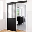 ID MARKET - Kit porte coulissante verrière 83 cm en métal + MDF avec rail et fixations - vignette