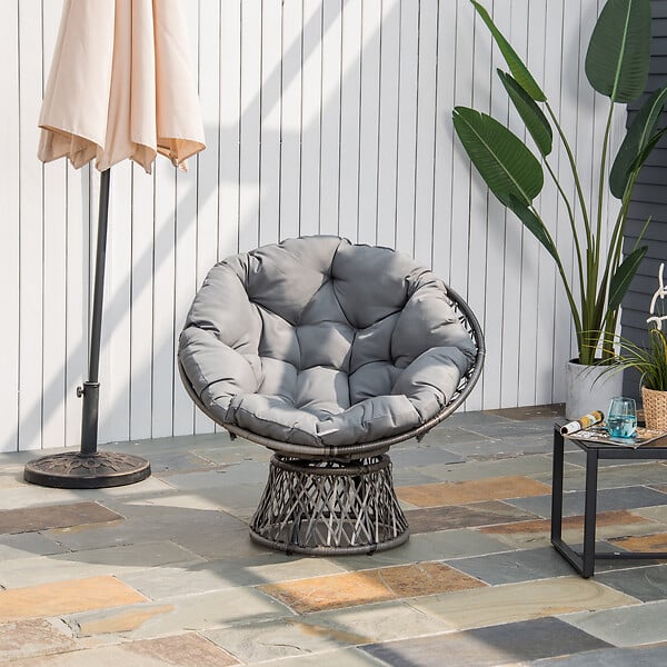 OUTSUNNY - Fauteuil rond de jardin fauteuil papasan pivotant grand confort Ø 97 x 86H cm grand coussin fourni polyester résine tressée gris - large