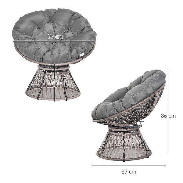 OUTSUNNY - Fauteuil rond de jardin fauteuil papasan pivotant grand confort Ø 97 x 86H cm grand coussin fourni polyester résine tressée gris - large