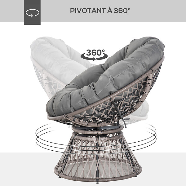 OUTSUNNY - Fauteuil rond de jardin fauteuil papasan pivotant grand confort Ø 97 x 86H cm grand coussin fourni polyester résine tressée gris - large