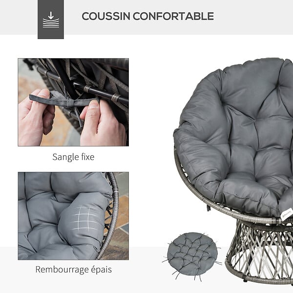 OUTSUNNY - Fauteuil rond de jardin fauteuil papasan pivotant grand confort Ø 97 x 86H cm grand coussin fourni polyester résine tressée gris - large