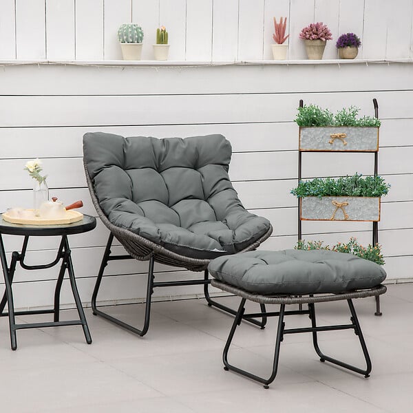 OUTSUNNY - Fauteuil de jardin avec repose-pieds - 2 coussins polyester inclus - métal époxy résine tressée aspect rotin gris - large