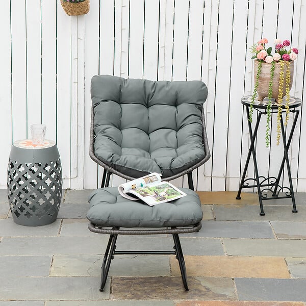 OUTSUNNY - Fauteuil de jardin avec repose-pieds - 2 coussins polyester inclus - métal époxy résine tressée aspect rotin gris - large