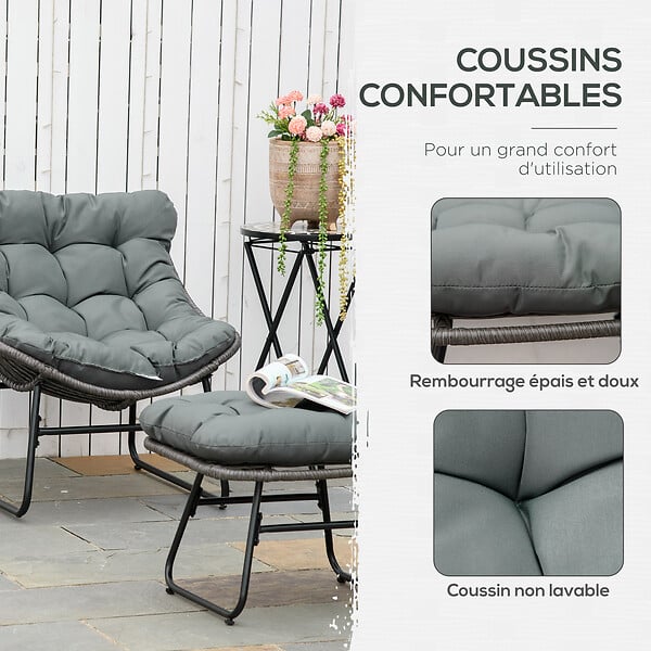 OUTSUNNY - Fauteuil de jardin avec repose-pieds - 2 coussins polyester inclus - métal époxy résine tressée aspect rotin gris - large