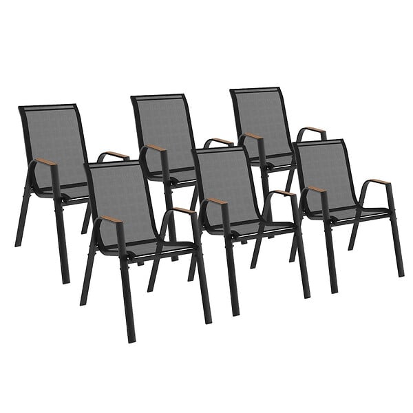 ID MARKET - Lot de 6 chaises de jardin NOUMEA métal et textilène empilables noir et bois - large