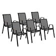ID MARKET - Lot de 6 chaises de jardin NOUMEA métal et textilène empilables noir et bois - vignette