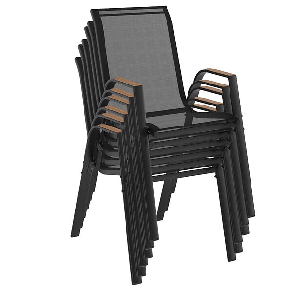 ID MARKET - Lot de 6 chaises de jardin NOUMEA métal et textilène empilables noir et bois - large