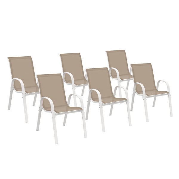 ID MARKET - Lot de 6 chaises de jardin LYMA métal et textilène empilables blanc et beige - large