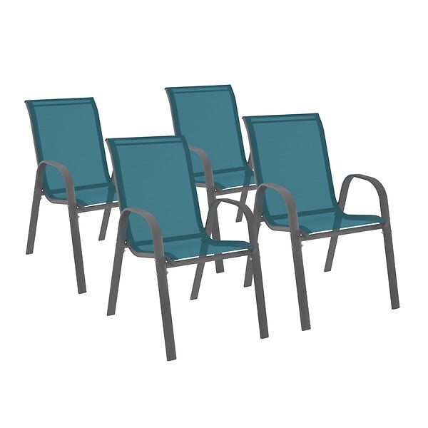 ID MARKET - Lot de 4 chaises de jardin LYMA métal et textilène empilables bleu canard - large