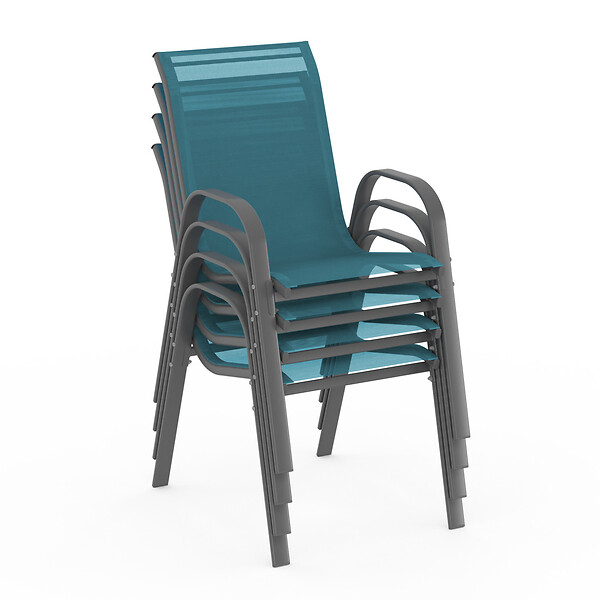 ID MARKET - Lot de 4 chaises de jardin LYMA métal et textilène empilables bleu canard - large