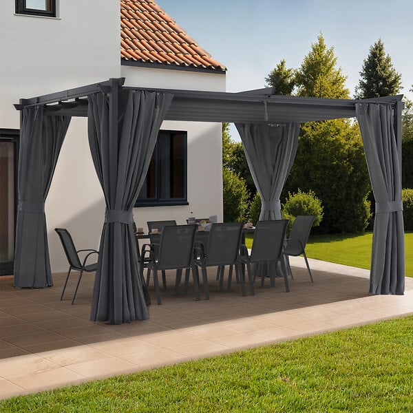 ID MARKET - Pergola édition intégrale moustiquaire toit rétractable 3x4M et 4 rideaux gris - large
