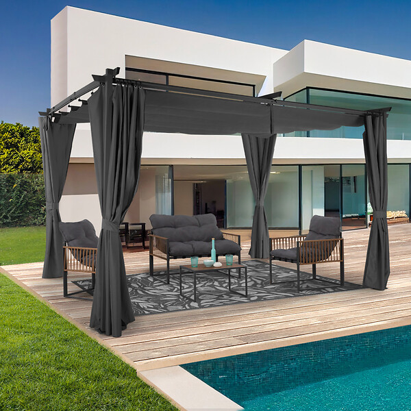 ID MARKET - Pergola édition limitée toit rétractable 3x4 M et 4 rideaux gris anthracite - large
