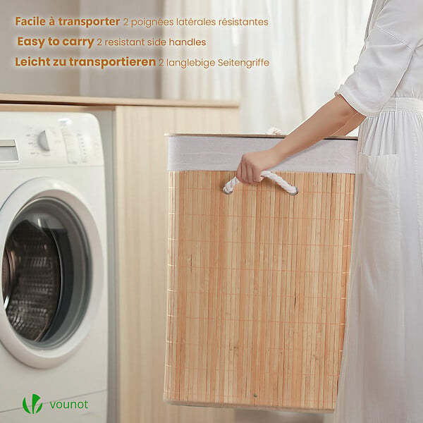 VOUNOT - Panier a linge en bambou rectangulaire triple compartiments avec couvercle 150L - large