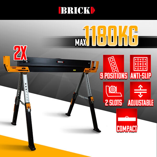 BRICK - Lot de 2 tréteaux d atelier métalliques pliables et téléscopiques - Charge max 1180kg - large