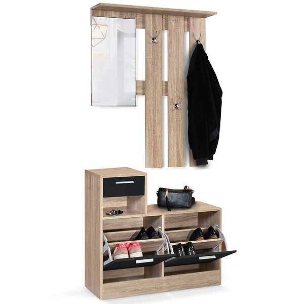 ID MARKET - Vestiaire d'entrée avec miroir PAULIN design hêtre portes noires - large