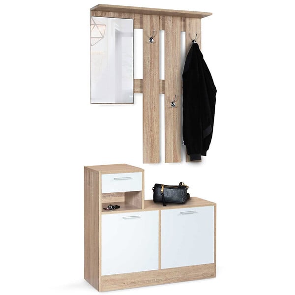 ID MARKET - Vestiaire d'entrée avec miroir PAULIN design hêtre portes blanches - large