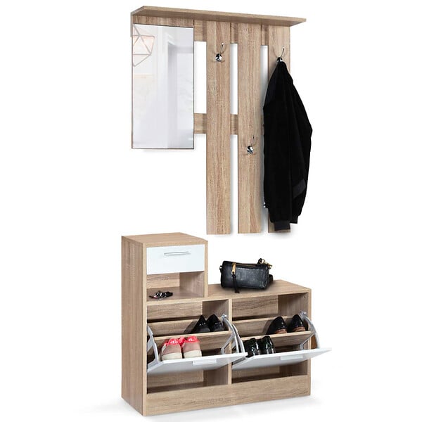 ID MARKET - Vestiaire d'entrée avec miroir PAULIN design hêtre portes blanches - large