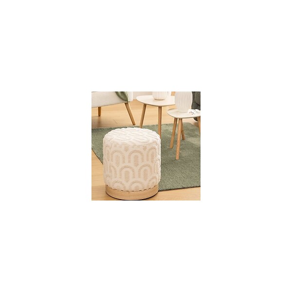 ATMOSPHERA - Pouf en tissu Blanc tufté et pied en Bois - large