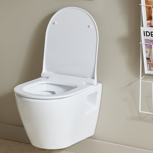 PLANETE BAIN - Cuvette WC suspendu sans bride semi carénée Samara, abattant slim frein de chute déclipsable - large