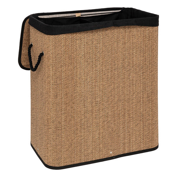 5 FIVE SIMPLY SMART - Panier à linge 100L en Bambou et tissu Noir avec 2 compartiments H 63 cm - large