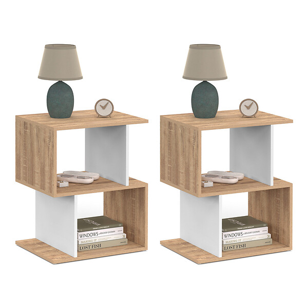 ID MARKET - Lot de 2 tables de chevet SOFIA forme S avec rangements ouverts effet hêtre et blanc - large