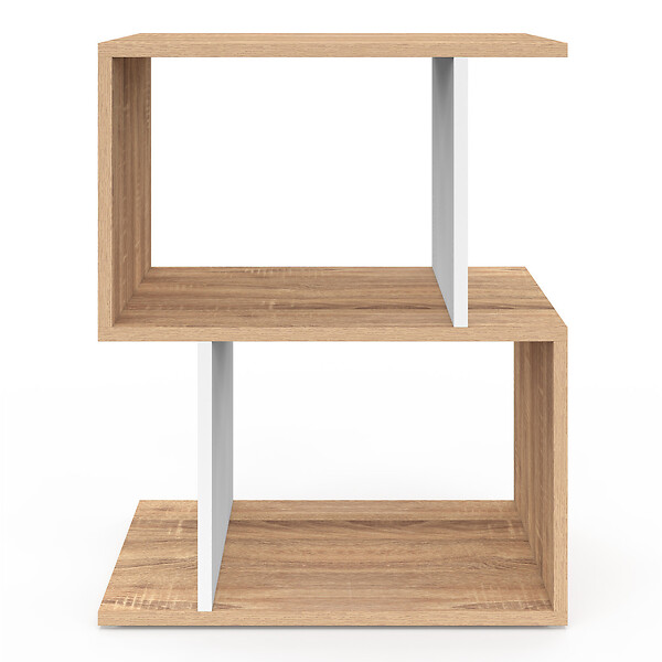 ID MARKET - Lot de 2 tables de chevet SOFIA forme S avec rangements ouverts effet hêtre et blanc - large