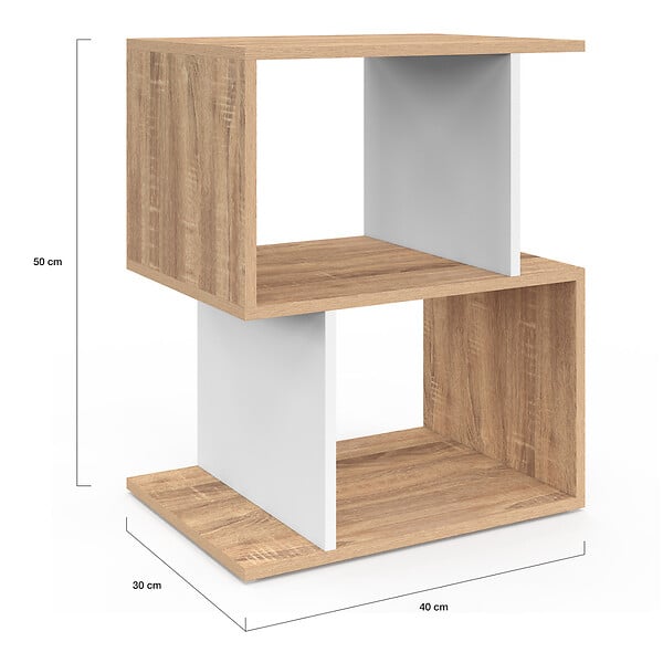 ID MARKET - Lot de 2 tables de chevet SOFIA forme S avec rangements ouverts effet hêtre et blanc - large