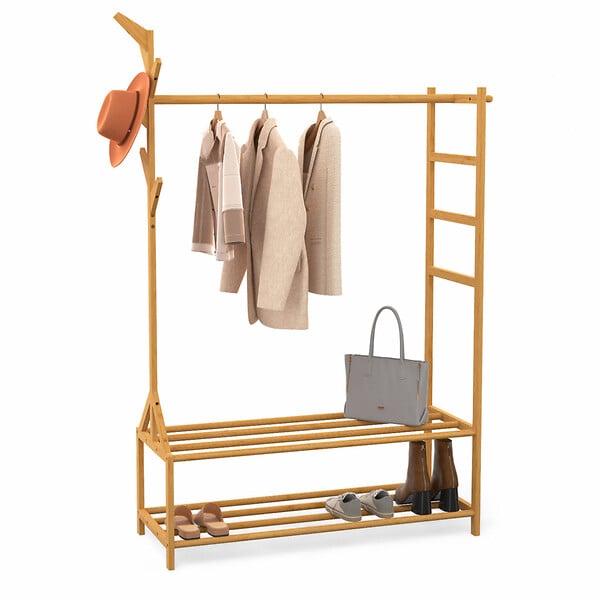 ID MARKET - Portant vêtements bambou RITA avec porte-manteaux et étagères - large