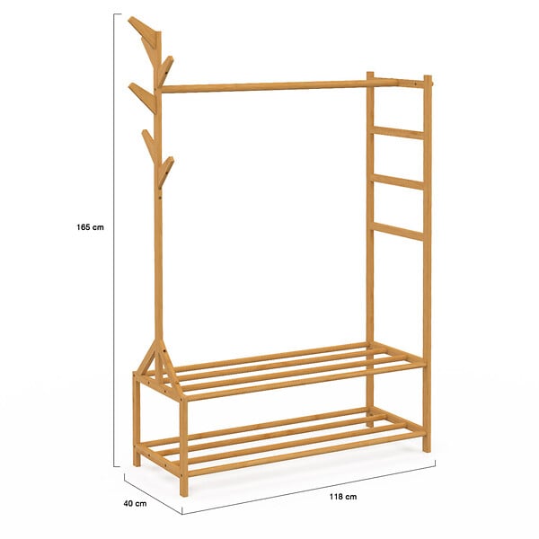 ID MARKET - Portant vêtements bambou RITA avec porte-manteaux et étagères - large
