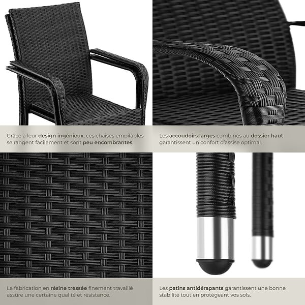 TECTAKE - Chaise en résine tressée GIRONA avec une capacité de charge de 120 kg noir - large
