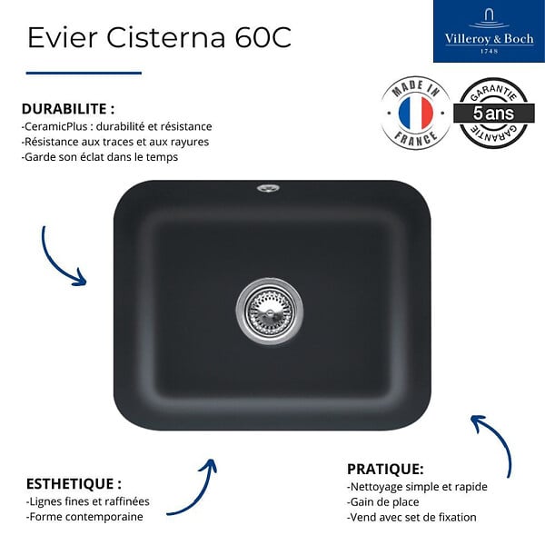 VILLEROY ET BOCH - Evier 1 bac Villeroy et Boch Cisterna 60C Pure Black CeramicPlus - large