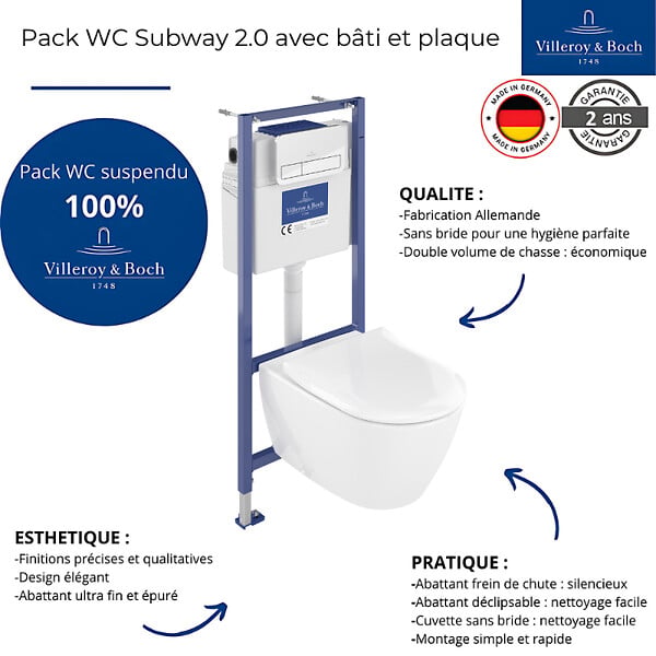 VILLEROY ET BOCH - Pack WC sans bride  Subway 2.0 abattant frein de chute + bâti-support sol et mur+ plaque Chromé mat +Tabouret bois - large
