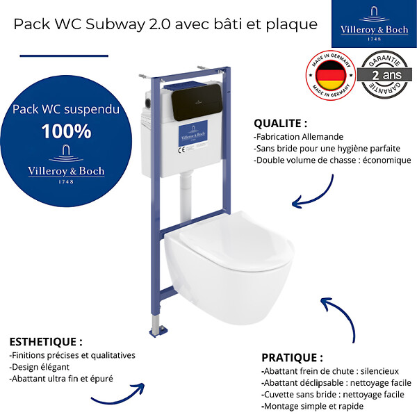 VILLEROY ET BOCH - Pack WC sans bride  Subway 2.0 abattant frein de chute + bâti-support sol et mur+ plaque noir mat + Tabouret blanc - large
