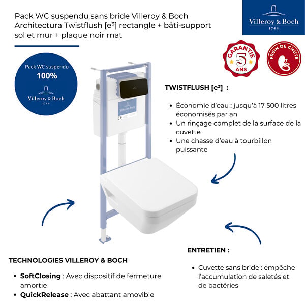 VILLEROY ET BOCH - Pack WC suspendu sans bride Architectura Twistflush [e³] rectangle + bâti-support sol et mur + plaque noir - large
