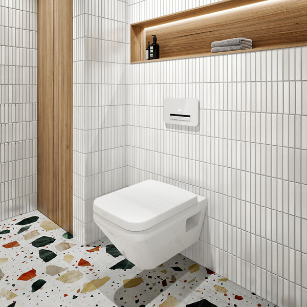 VILLEROY ET BOCH - Pack WC suspendu sans bride Architectura Twistflush [e³] rectangle+bâti-support sol et mur+plaque chrome brillant - large