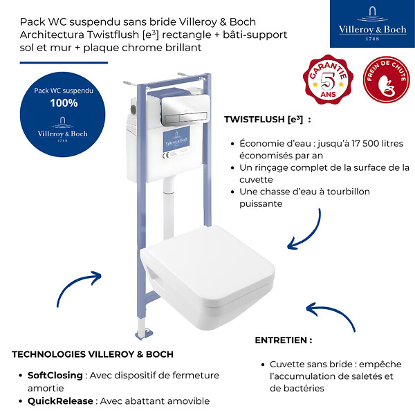 VILLEROY ET BOCH - Pack WC suspendu sans bride Architectura Twistflush [e³] rectangle+bâti-support sol et mur+plaque chrome brillant - large