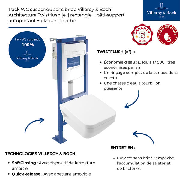 VILLEROY ET BOCH - Pack WC suspendu sans bride Architectura Twistflush [e³] rectangle + bâti-support ViConnect + plaque blanc - large