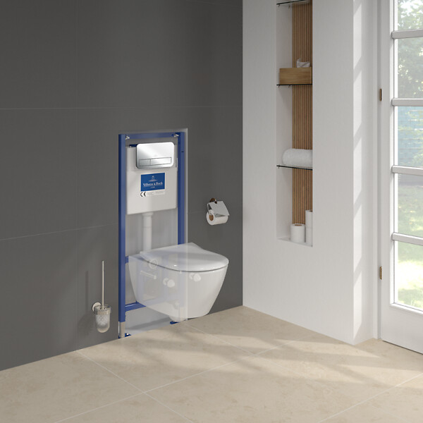 VILLEROY ET BOCH - Pack WC sans bride  Subway 2.0 abattant frein de chute + bâti-support sol et mur + plaque Chromé + Tabouret bois - large