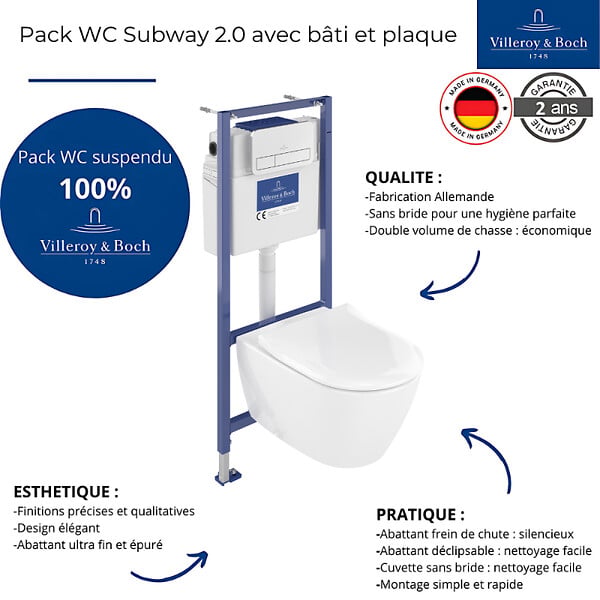 VILLEROY ET BOCH - Pack WC sans bride  Subway 2.0 abattant frein de chute + bâti-support sol et mur + plaque Chromé + Tabouret bois - large