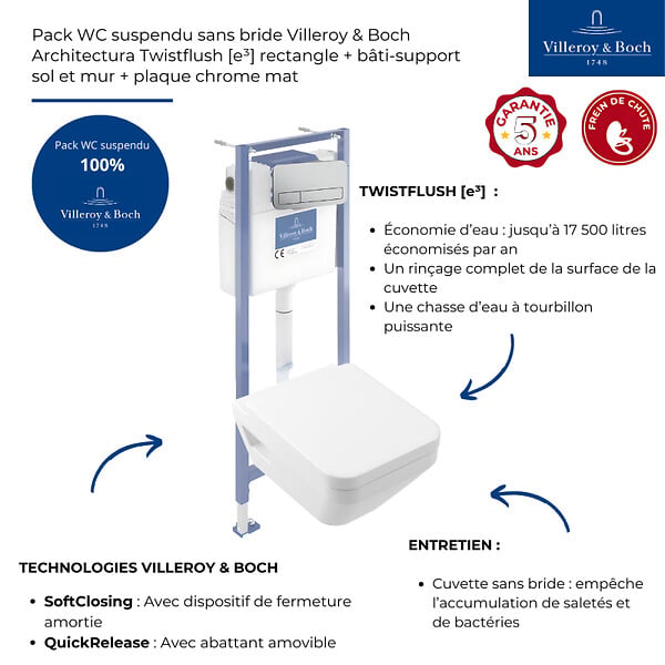 VILLEROY ET BOCH - Pack WC suspendu sans bride Architectura Twistflush [e³] rectangle + bâti-support sol et mur + plaque chrome mat - large