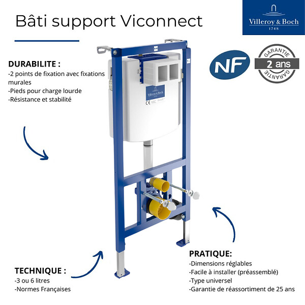 VILLEROY ET BOCH - Bâti-support autoportant WC  Viconnect avec plaque noir - large